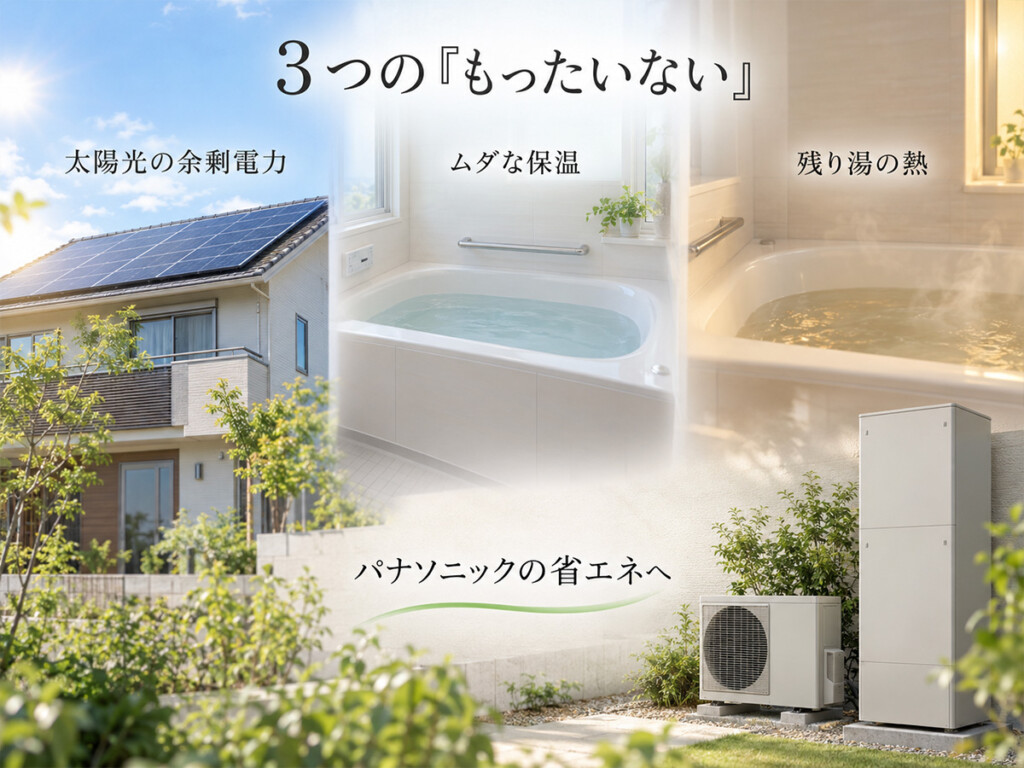 パナソニックのエコキュートが太陽光の余剰電力、ムダな保温、残り湯の熱を省エネに活用するイメージ