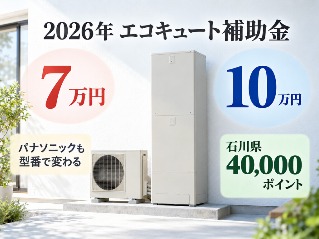 2026年のパナソニックエコキュートの7万円と10万円の補助金と石川県40,000ポイントを紹介する画像
