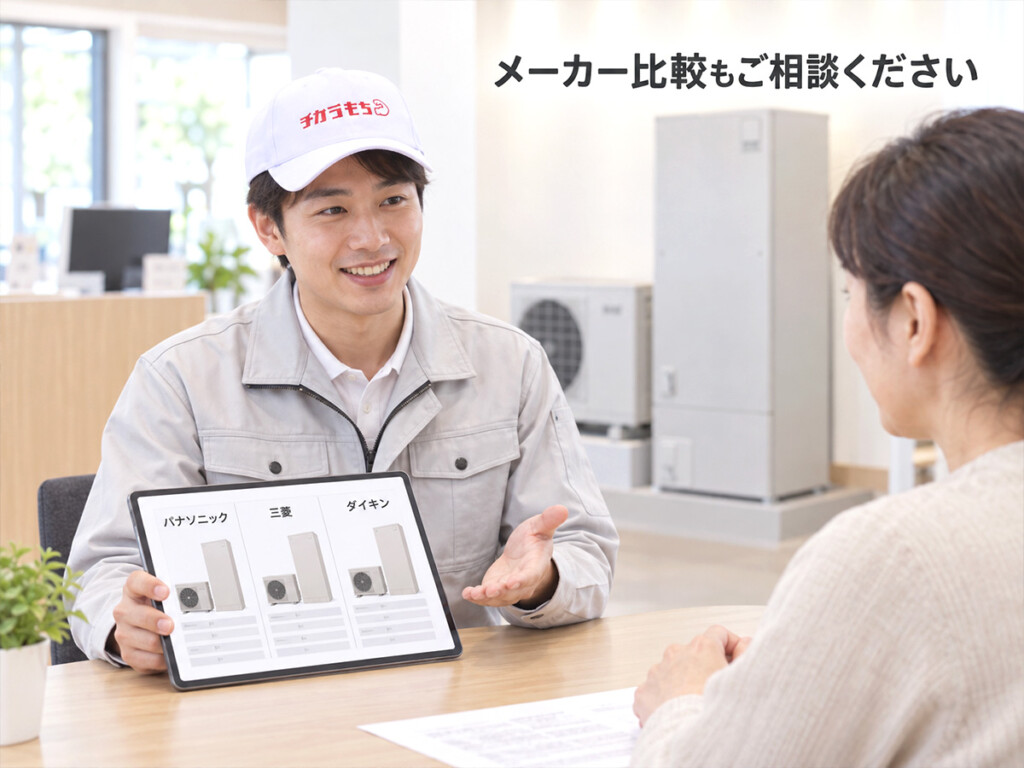 チカラもち金沢店のスタッフがお客様とパナソニックや三菱、ダイキンのエコキュートを比較相談している様子