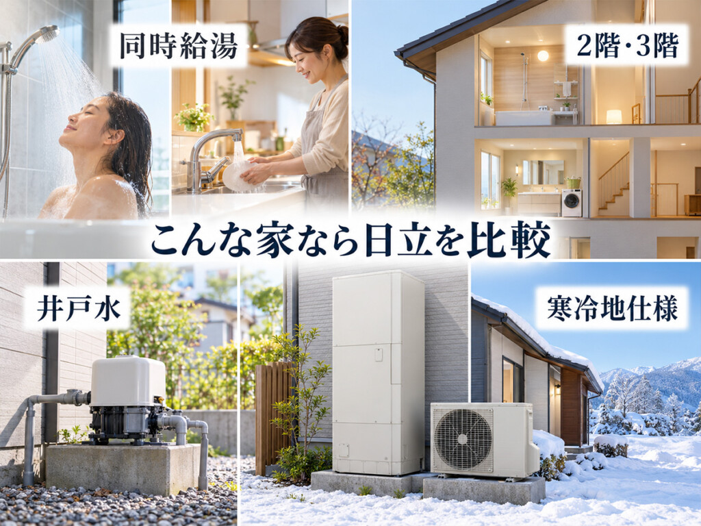 日立のエコキュートを比較したい家の条件として同時給湯、2階・3階、井戸水、寒冷地仕様を示した画像