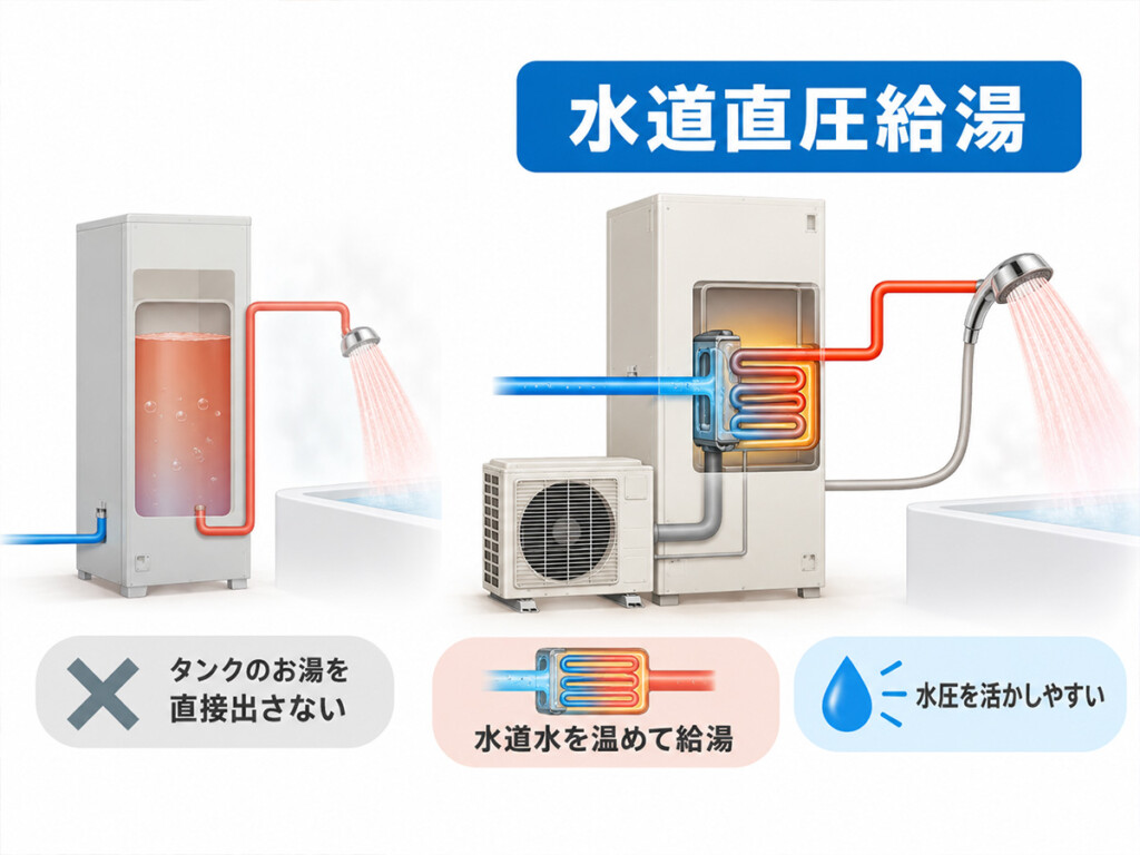 日立の水道直圧給湯が水道水を熱交換器で温めて給湯しタンクのお湯を直接出さない仕組みを示す画像