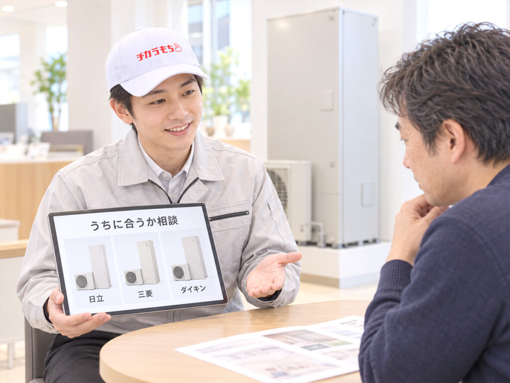 チカラもち金沢店のスタッフがお客様と日立や三菱、ダイキンのエコキュートを比較相談している様子