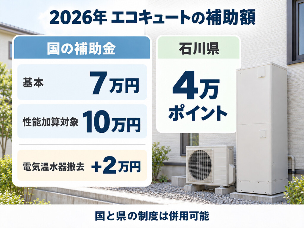 2026年のエコキュート補助額を国の7万円・10万円と石川県の4万ポイントで比較した図解