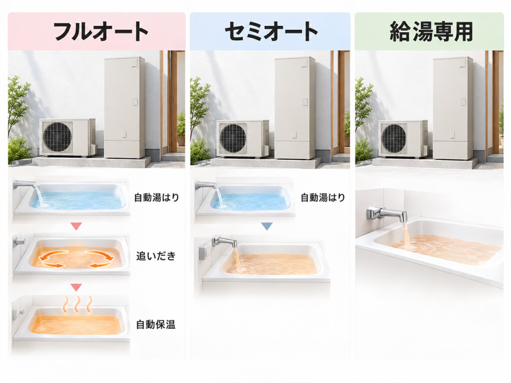 エコキュートのフルオートとセミオートと給湯専用の違いを追いだきや自動保温の有無で比較した画像