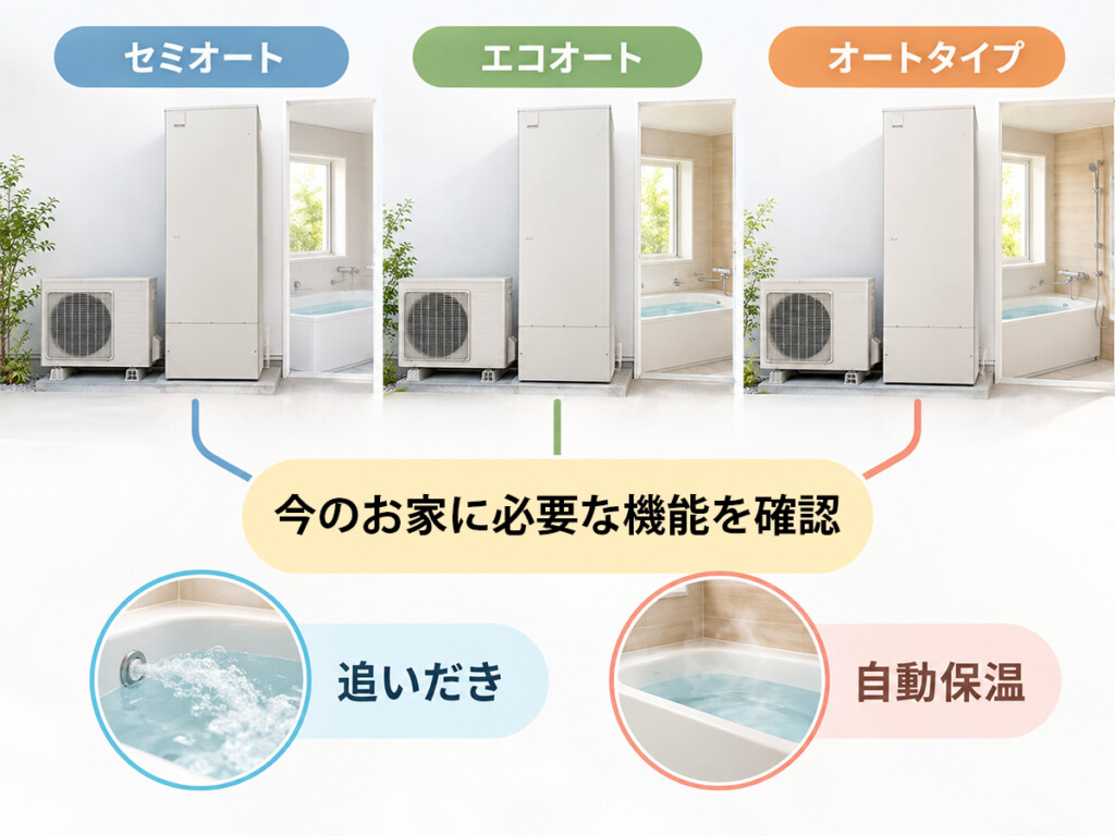 セミオート、エコオート、オートタイプなどメーカーごとに呼び方が違うが名前より機能を見ることを示した画像