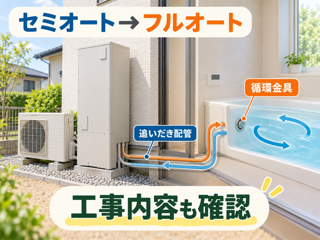 セミオートからフルオートへ交換する際に追いだき配管や循環金具など工事内容の確認が必要なことを示す画像