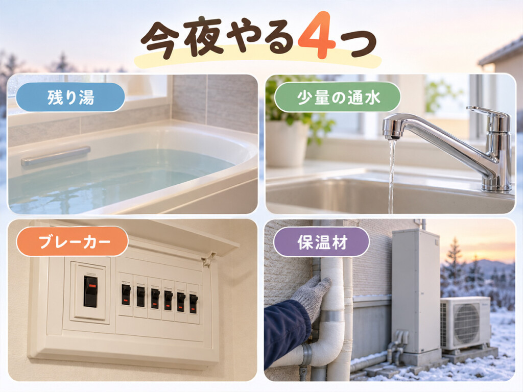 冷え込む夜の前にエコキュートで確認したい残り湯・通水・電源・保温材の4つの凍結対策を示す画像
