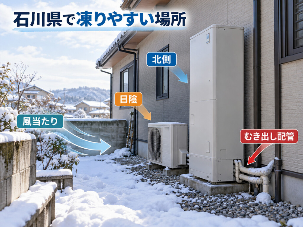 石川県でエコキュートの配管凍結に注意したい北側、日陰、風当たりの強い場所、むき出し配管を示した画像