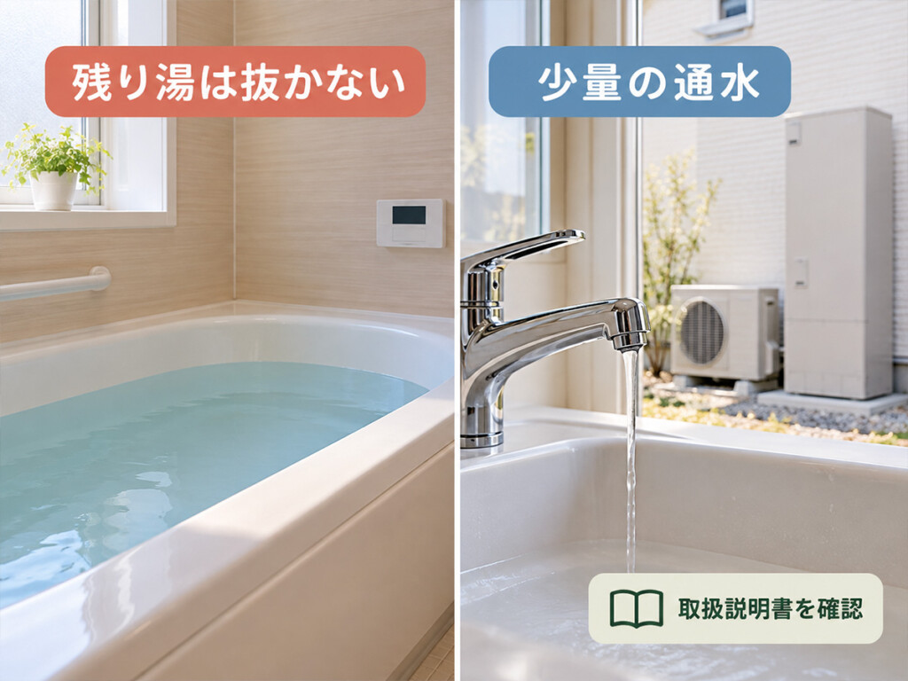 冷え込む夜に浴槽の残り湯を残し、蛇口から少量の水を流して凍結対策をすることを示す画像