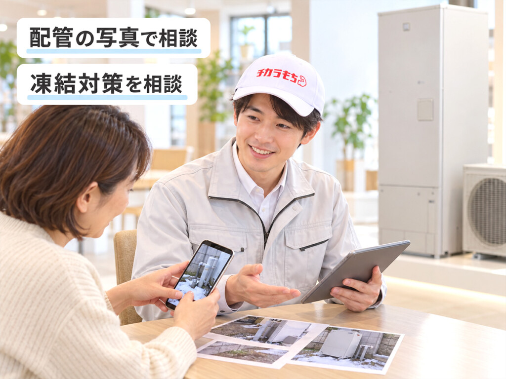 チカラもち金沢店のスタッフがお客様とエコキュートの配管写真を見ながら冬の凍結対策を相談している様子