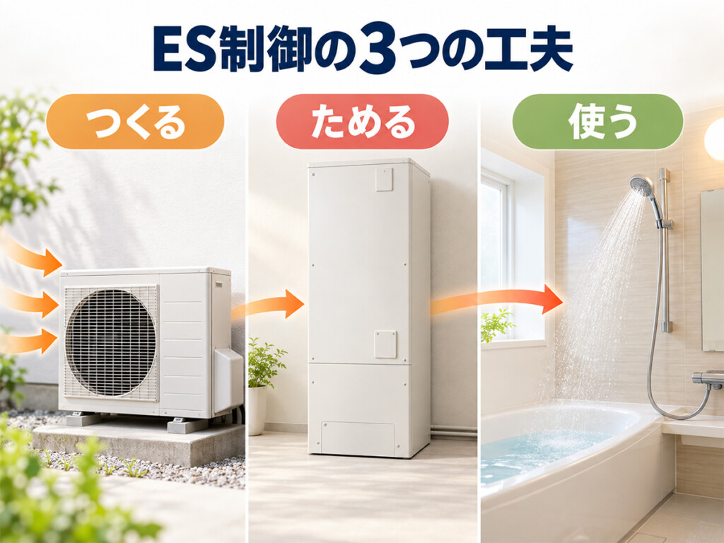コロナのES制御について、お湯をつくる・ためる・使う3つの働きを示した図解