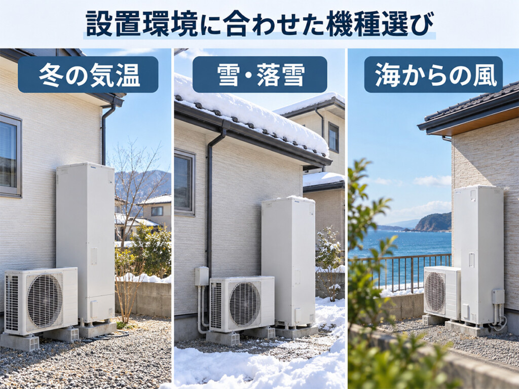 石川県のエコキュート設置で確認したい冬の気温、積雪・落雪、海沿いの潮風を示した比較図