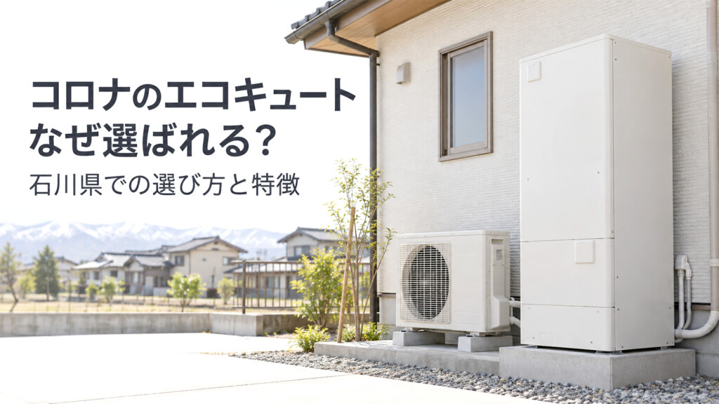 石川県の住宅に設置されたエコキュートを背景に、コロナが選ばれる理由と特徴を紹介する画像