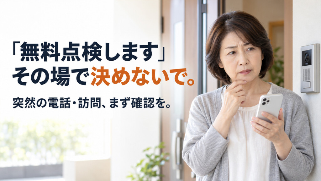 給湯器の無料点検を勧める突然の電話に戸惑う女性と、電話・訪問への注意を伝える画像