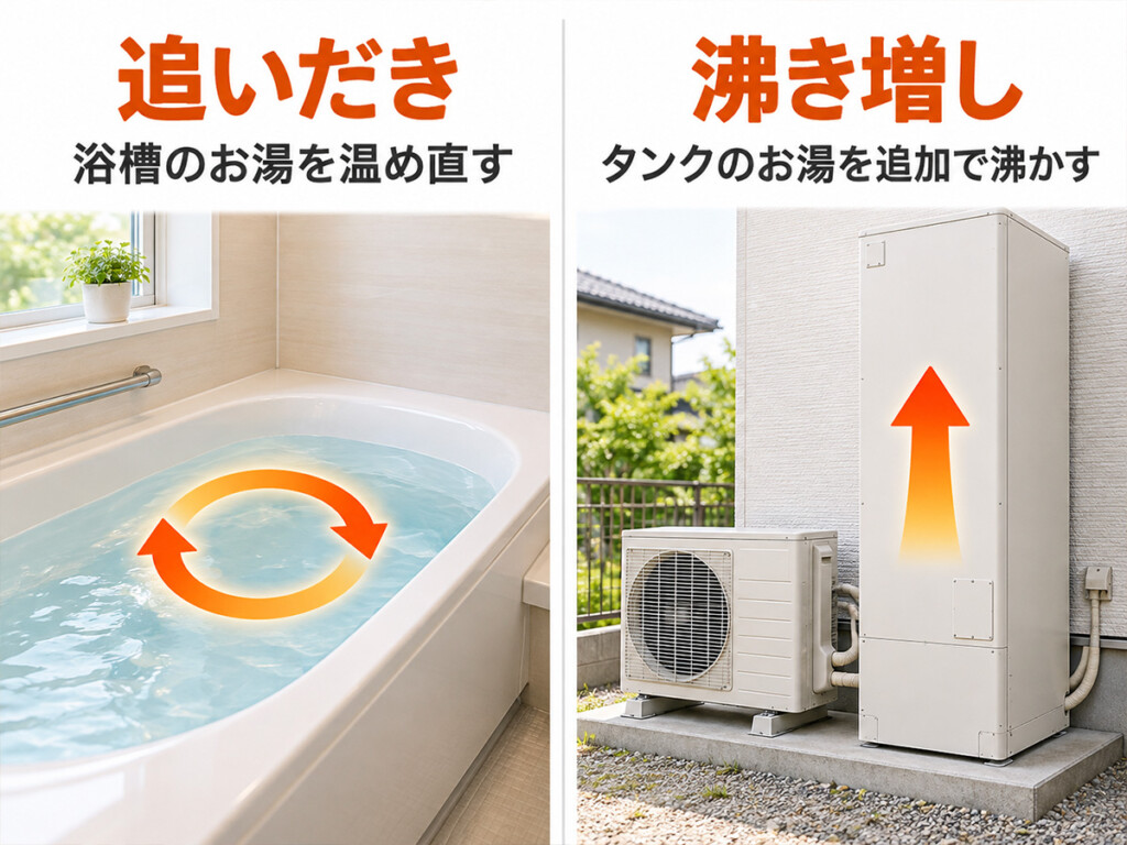 エコキュートの追いだきは浴槽のお湯を温め直し、沸き増しはタンクのお湯を追加で沸かす機能であることを示す比較図