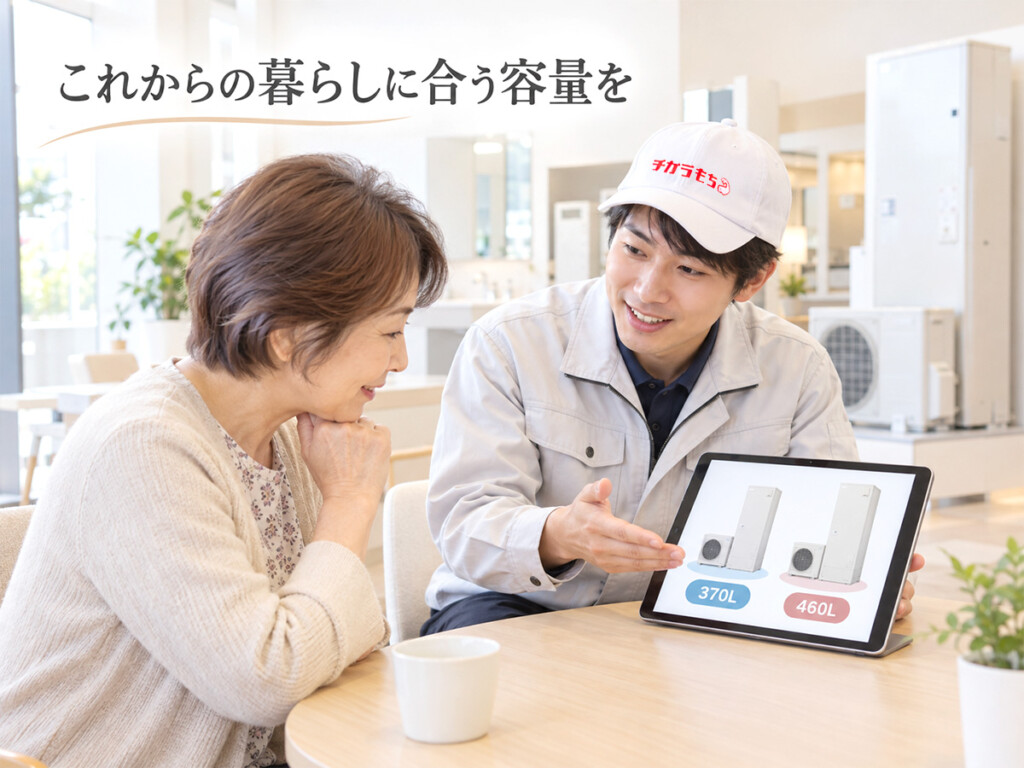 夫婦2人の暮らしに合うエコキュートの容量について、チカラもち金沢店のスタッフと相談するお客様
