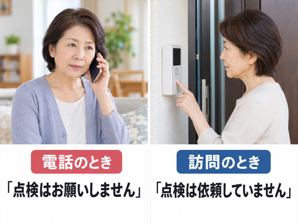 給湯器の無料点検を勧める電話と突然の訪問に対する断り方を比較した画像