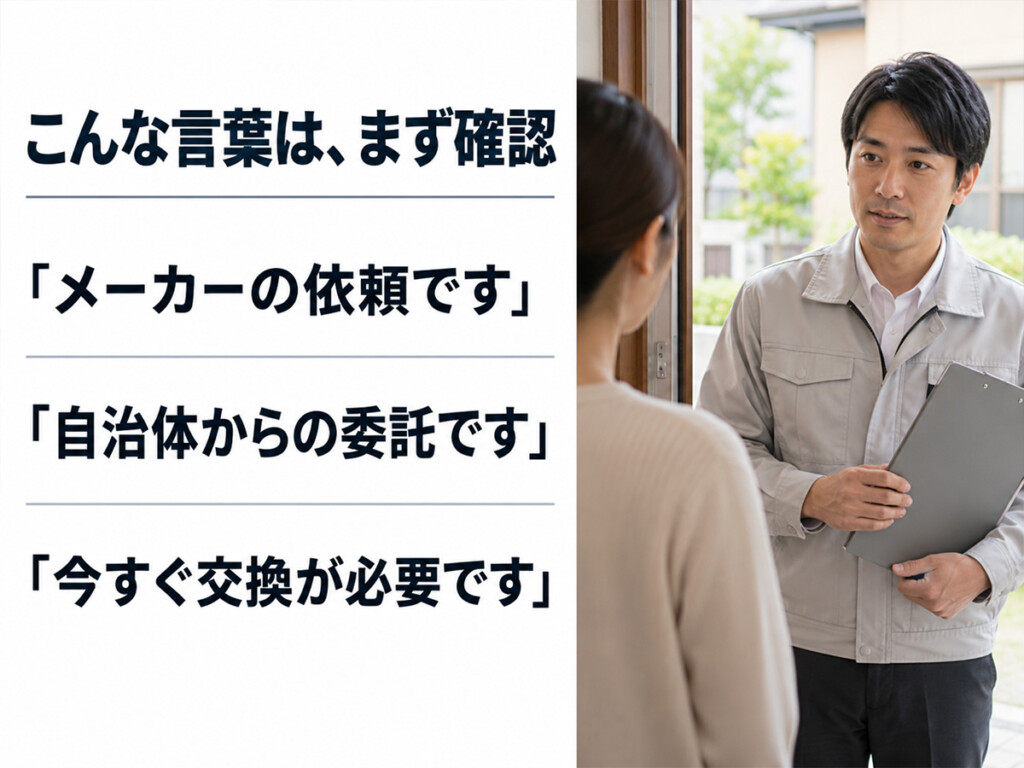 給湯器の無料点検で注意したいメーカーの依頼や緊急交換などの勧誘表現をまとめた画像