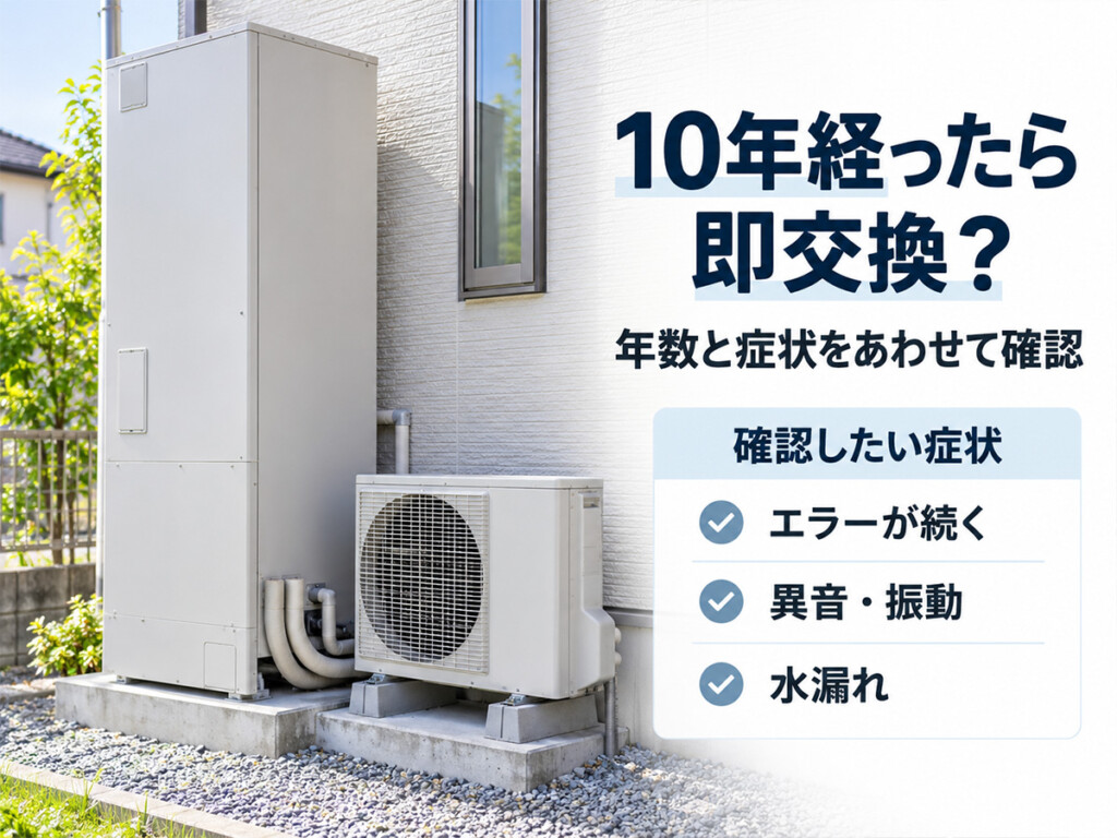 エコキュートの交換時期について使用年数とエラー・異音・水漏れを確認するポイントを示した画像