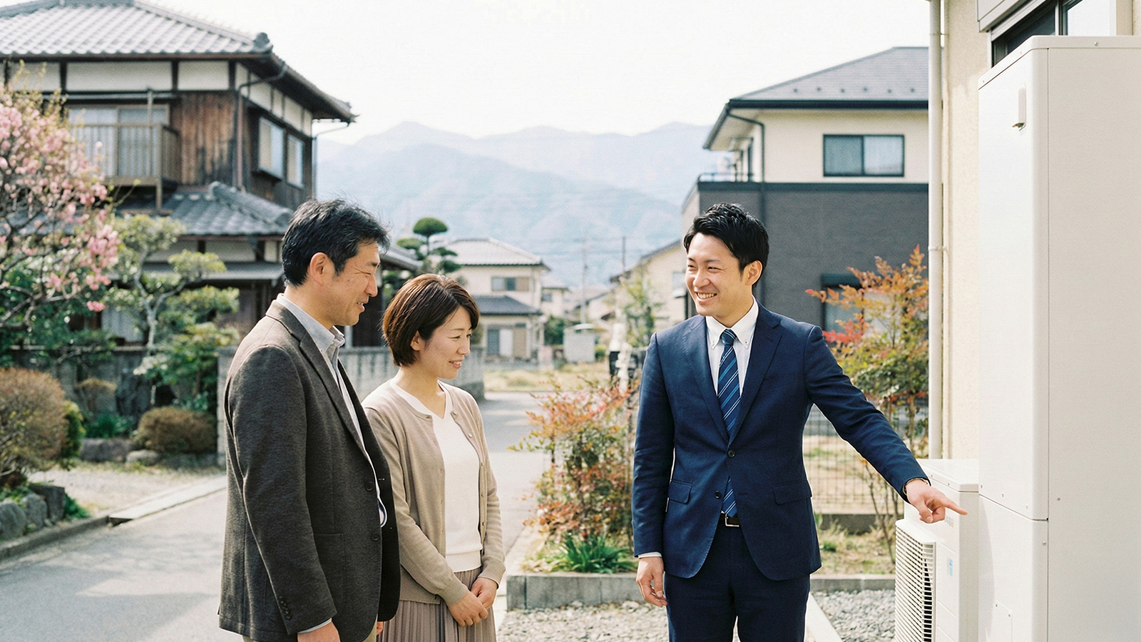 エコキュートの前で説明する作業員と安心した表情の住人