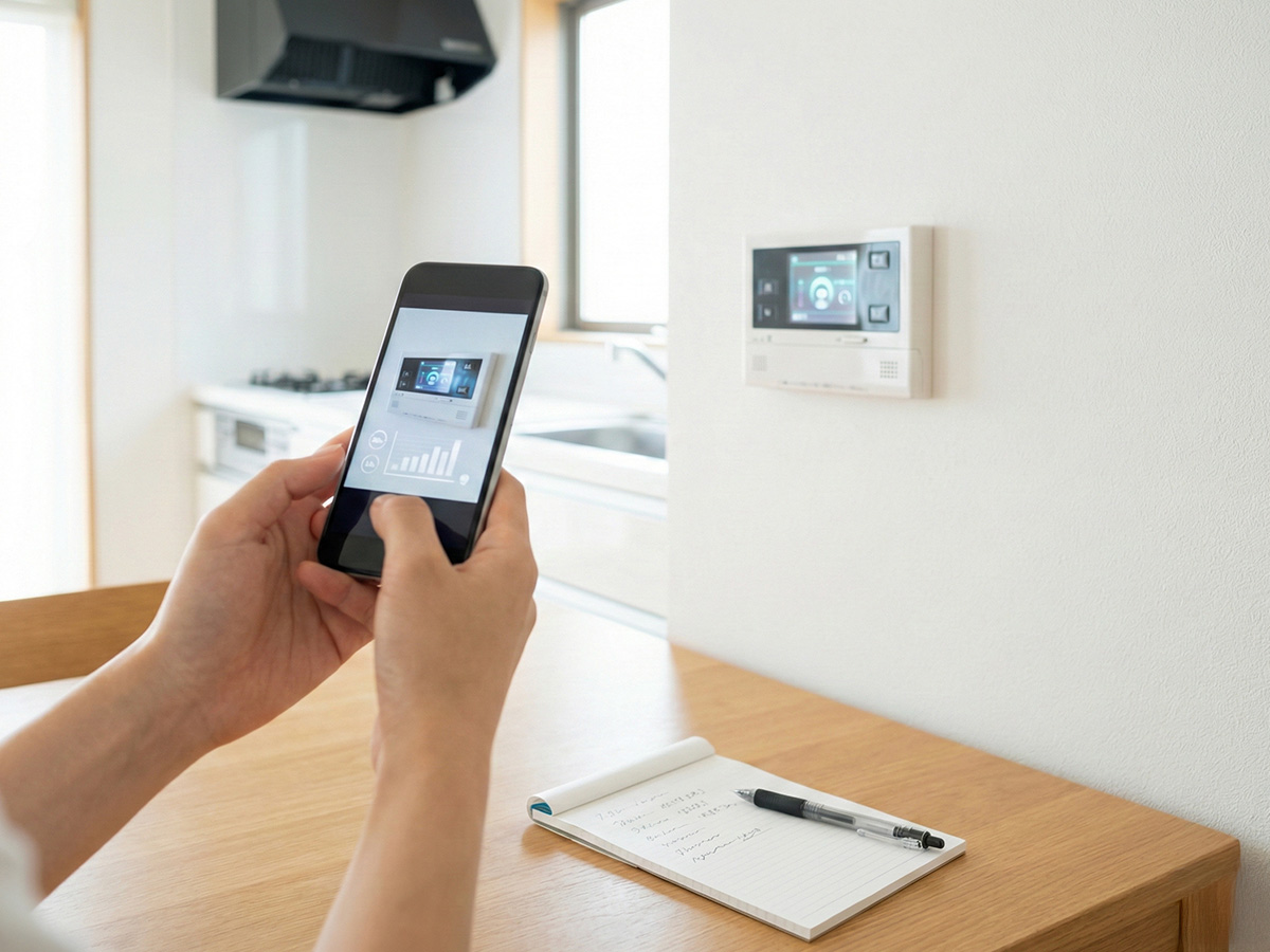 リモコン表示をスマホで確認し、メモを取る様子