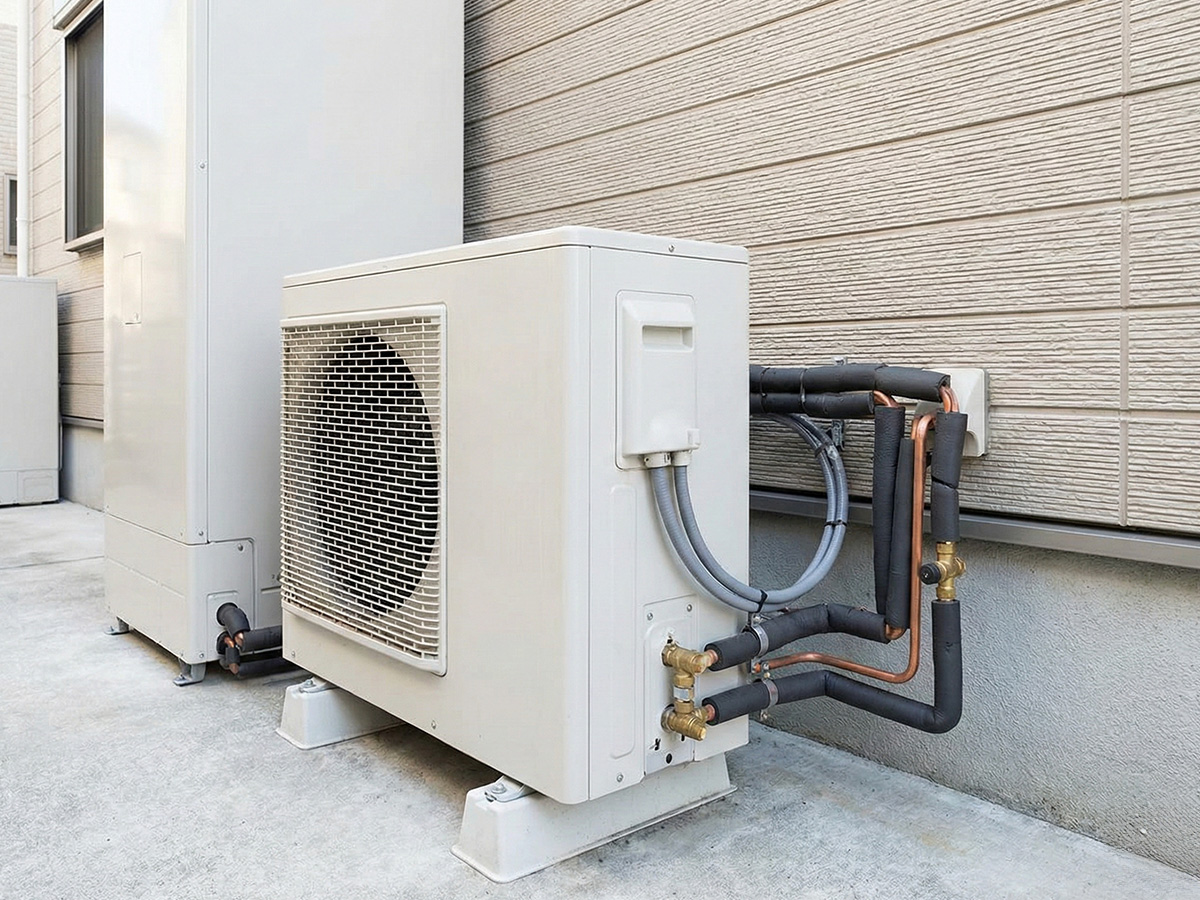 屋外に設置されたエコキュート本体と配管の様子