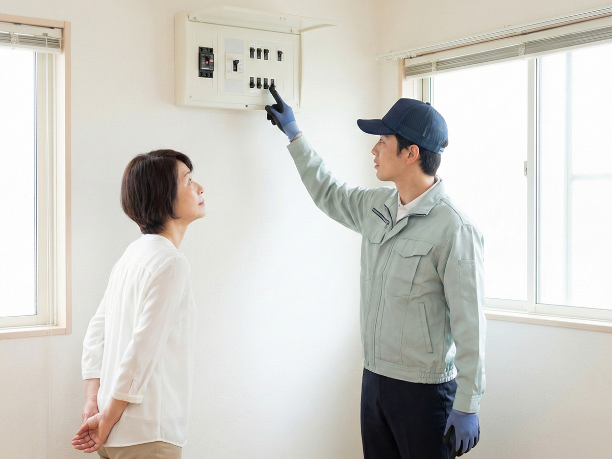 分電盤の前でブレーカーを確認し、説明を聞く様子