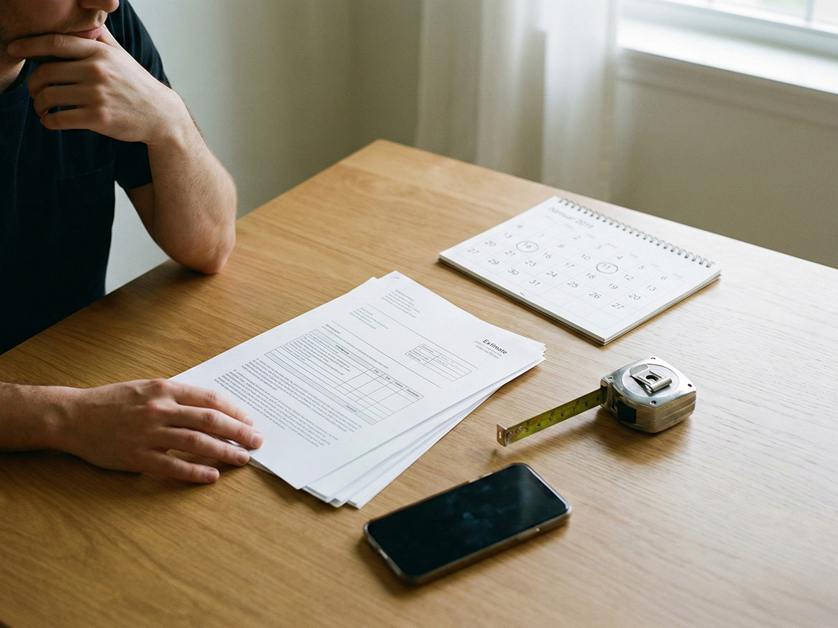 見積書やカレンダーを見ながら交換を検討する手元