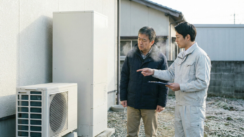 冬の朝にエコキュートの凍結について説明を受ける住人