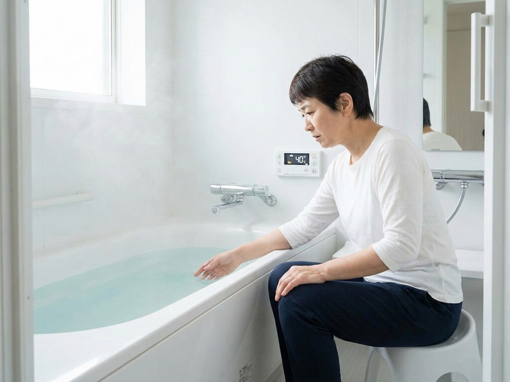 槽のお湯の温度を確認し、追いだきの不調を感じている様子