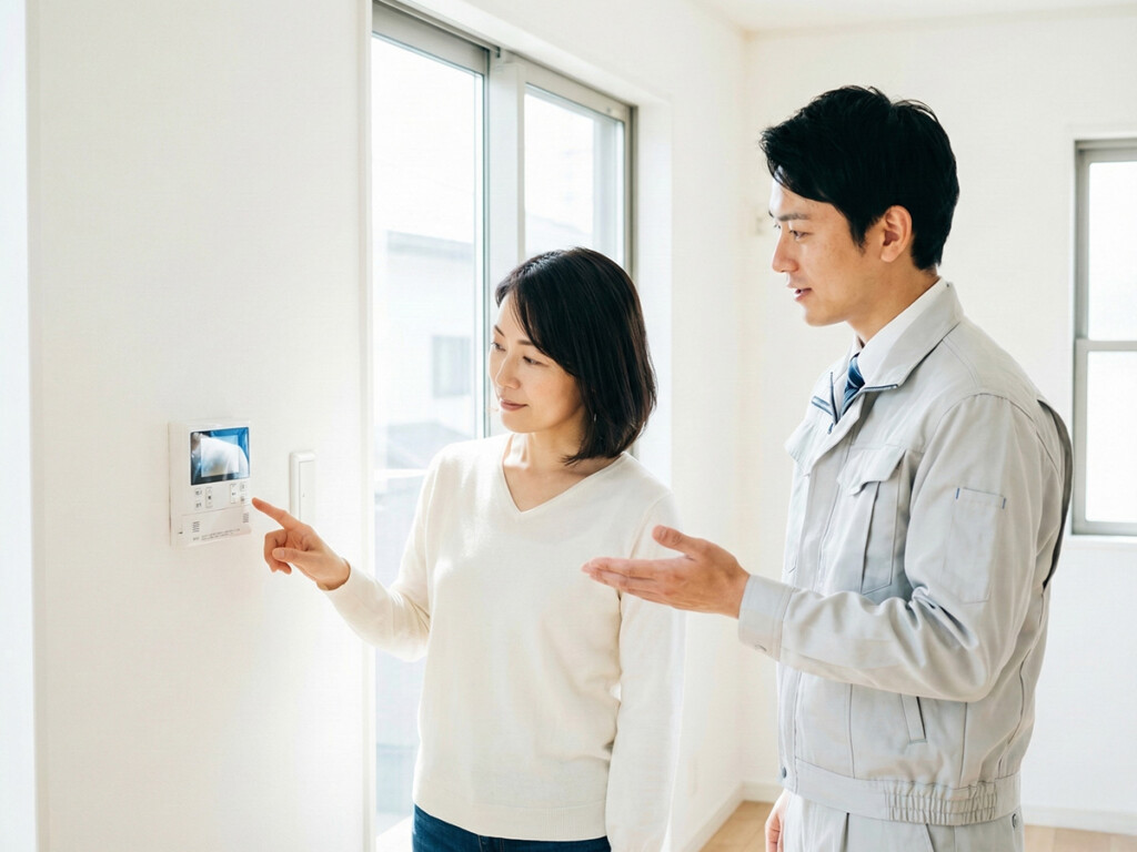 リモコン表示を確認しながら説明を受けている様子