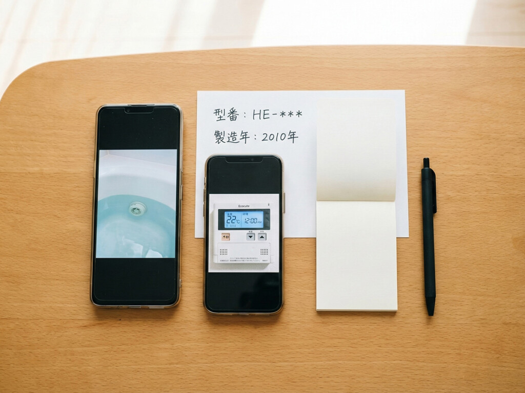 追いだき不調の相談に向けて写真と型番を準備しているイメージ