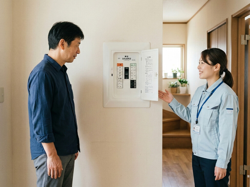 分電盤の状態を確認しながら説明を受けている様子