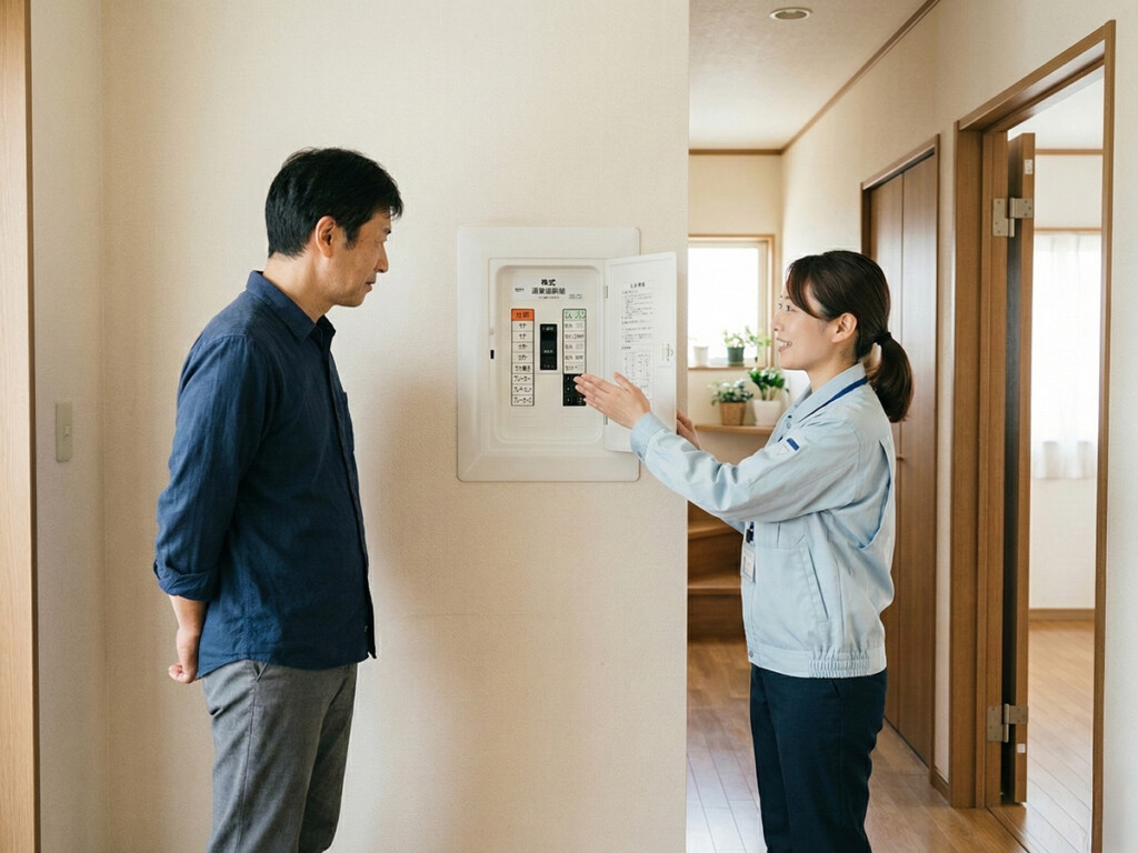 ブレーカーの落ち方を落ち着いて確認しているイメージ