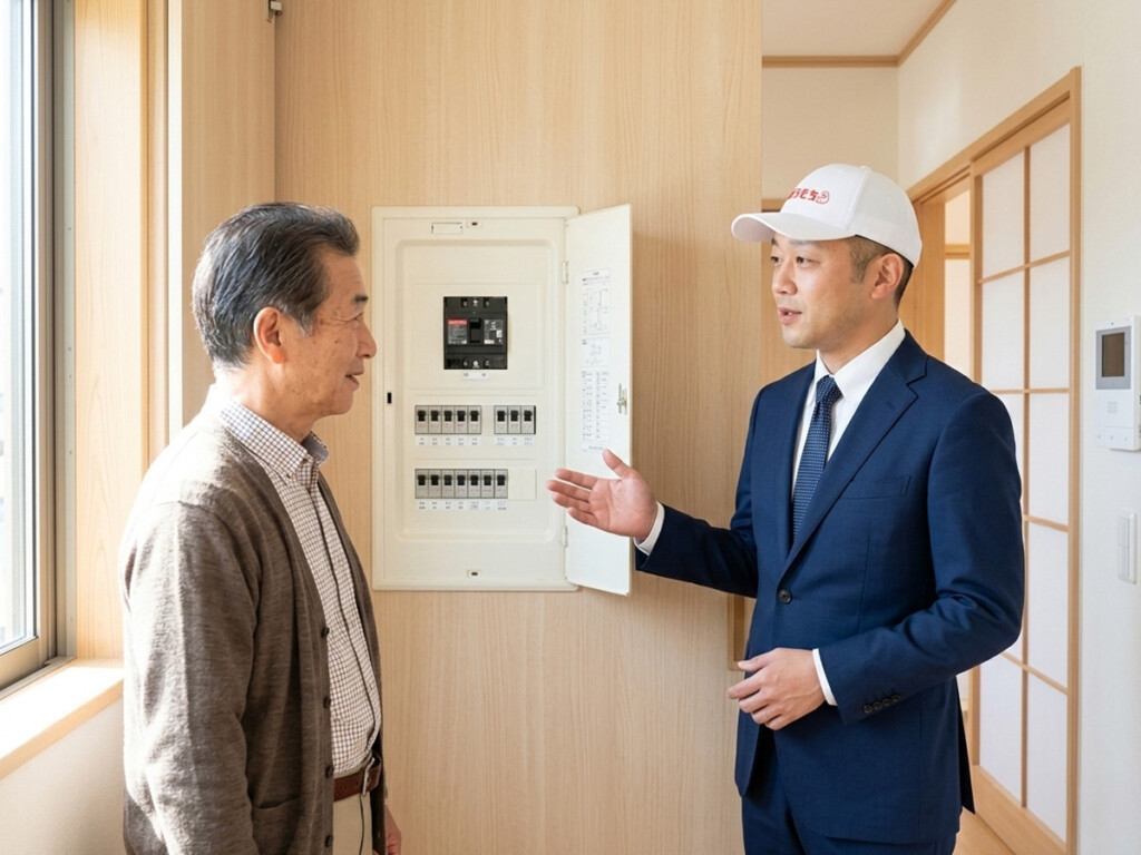 分電盤の前で安全に確認しながら説明を受けている様子