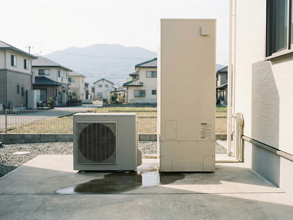 タンク側とヒートポンプ側のどちらが濡れているか確認するイメージ