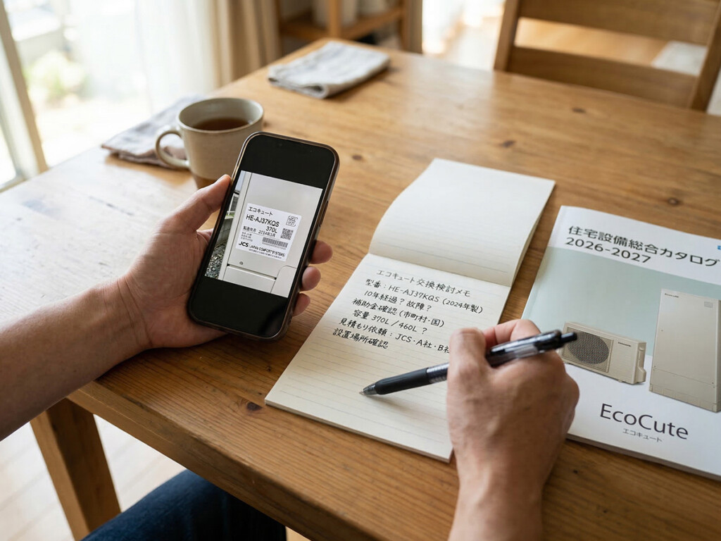 型番や資料を見ながらエコキュート交換を検討しているイメージ