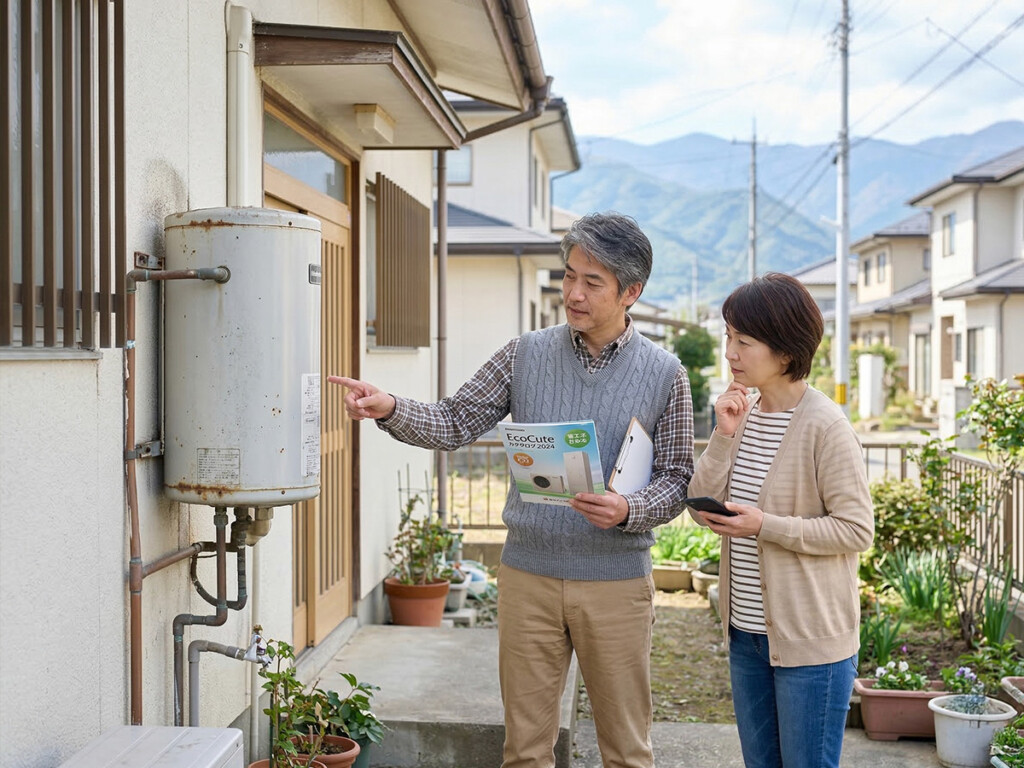 古い給湯設備を見ながら交換を検討しているイメージ