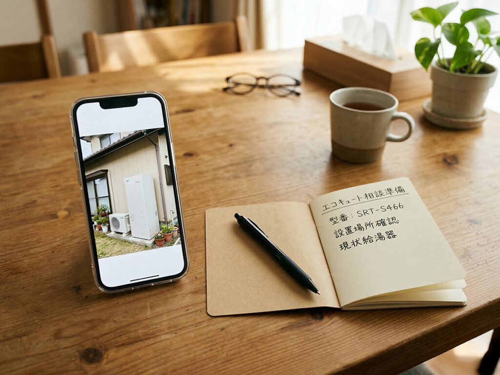 エコキュート相談前に写真と型番メモを準備しているイメージ