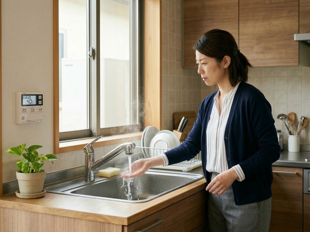 キッチンでお湯の出方を確認しているイメージ
