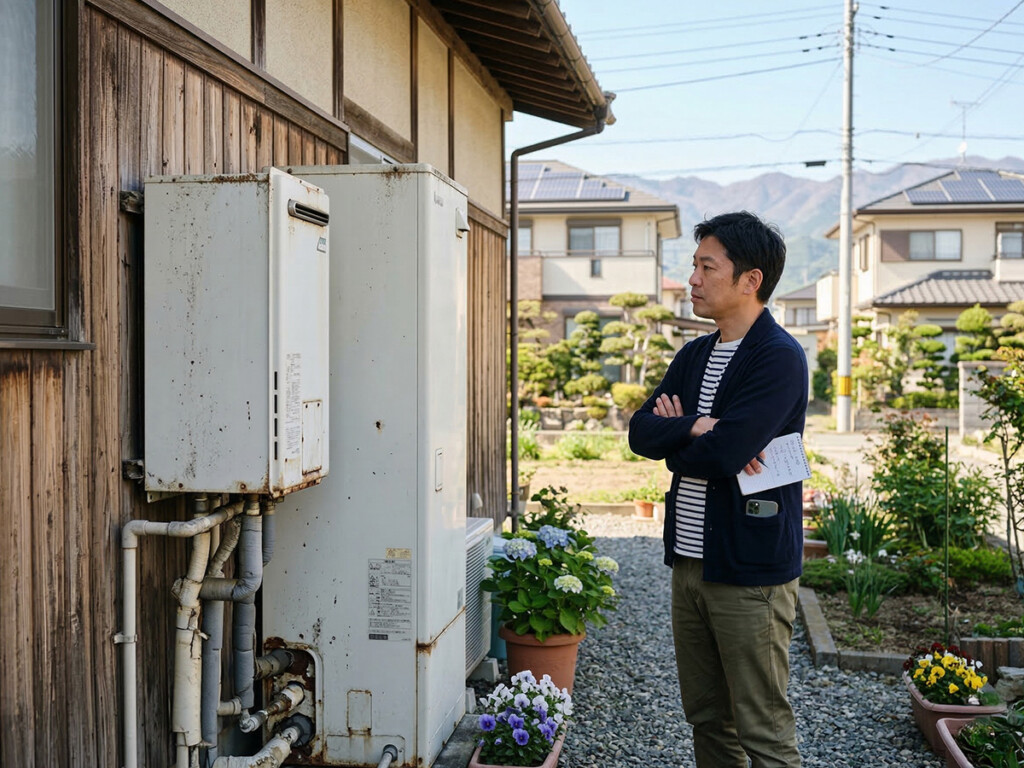 年数の経った給湯設備を見ながら交換を検討しているイメージ
