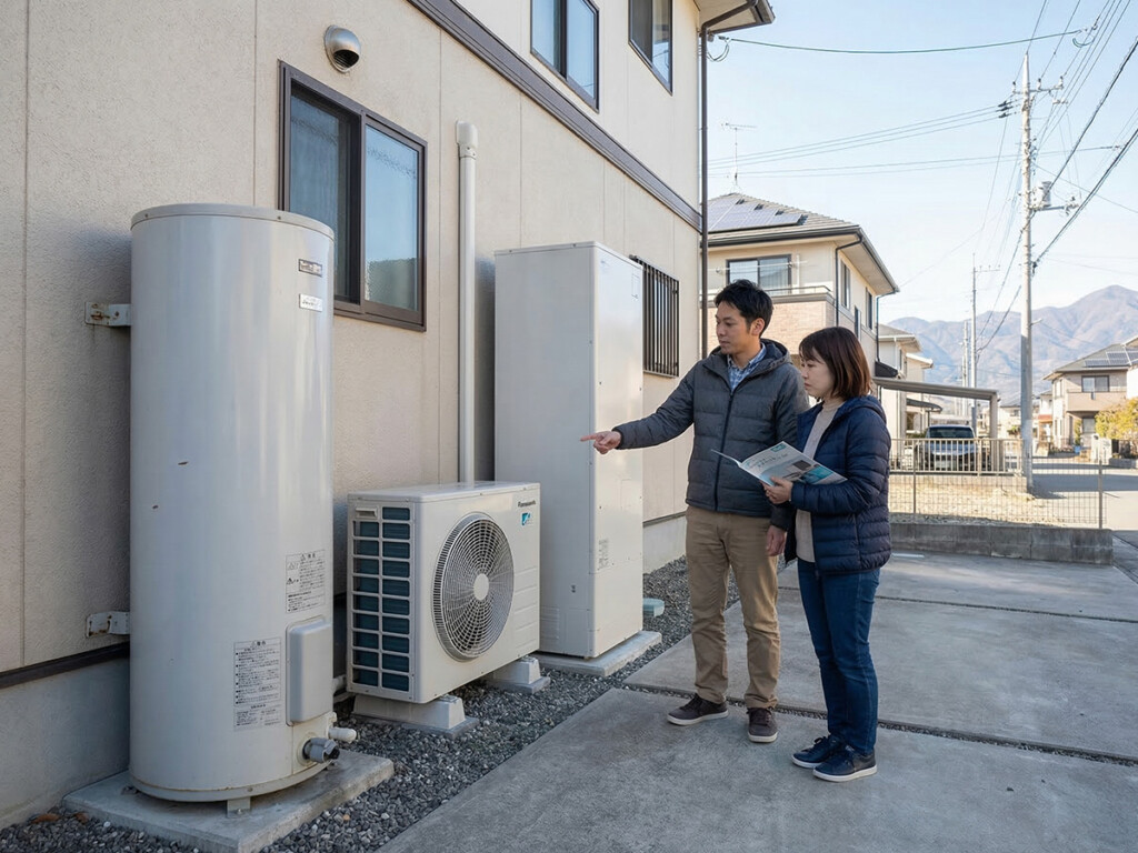 住宅の屋外で給湯設備の違いを確認しているイメージ