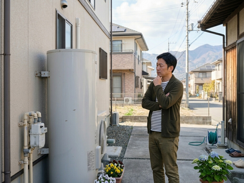 住宅の屋外で給湯設備の違いを確認しているイメージ