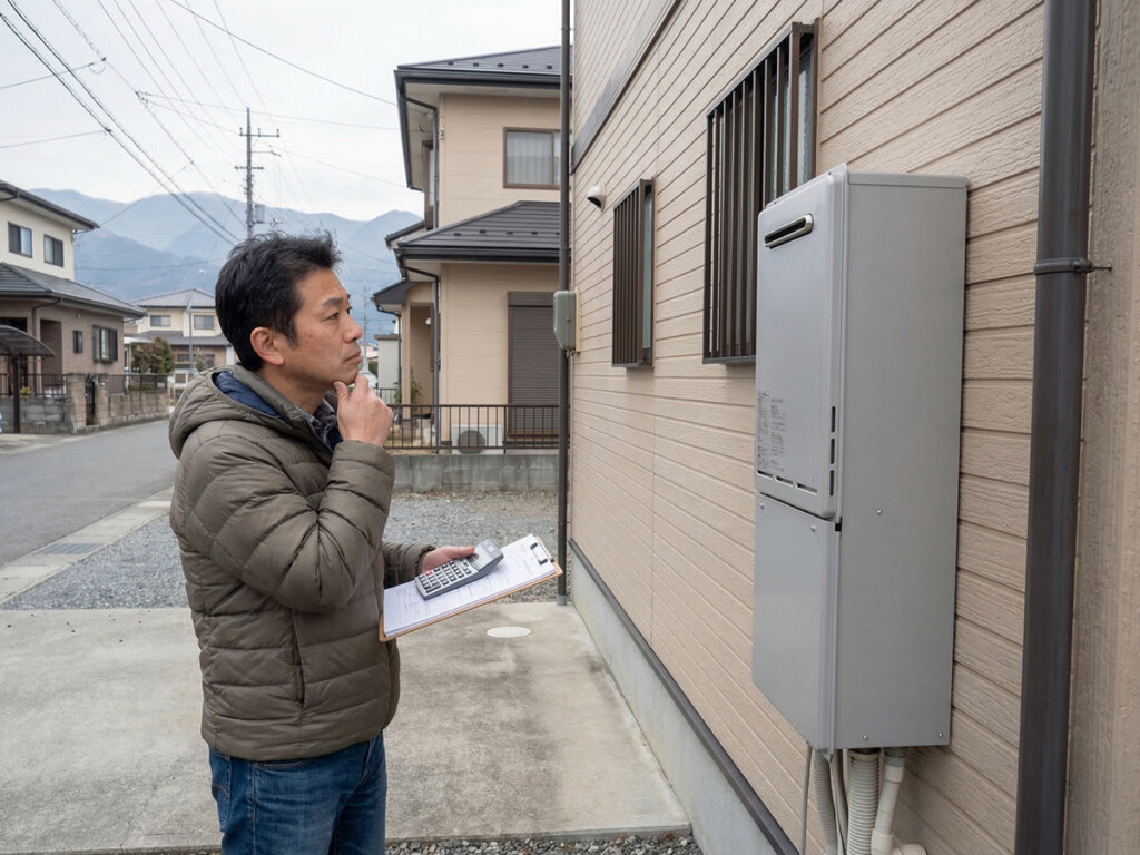 給湯設備の費用面を考えながら確認しているイメージ