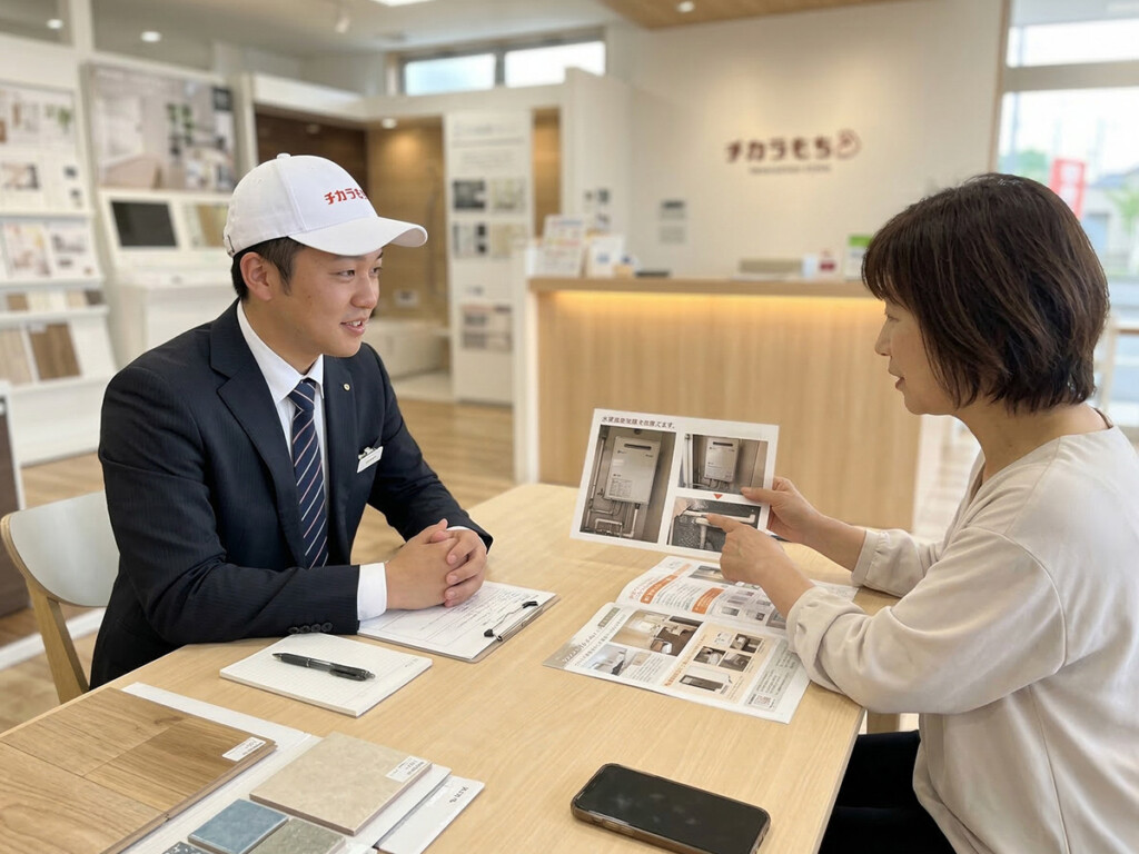 店舗スタッフに給湯設備の写真を見せながら相談しているイメージ