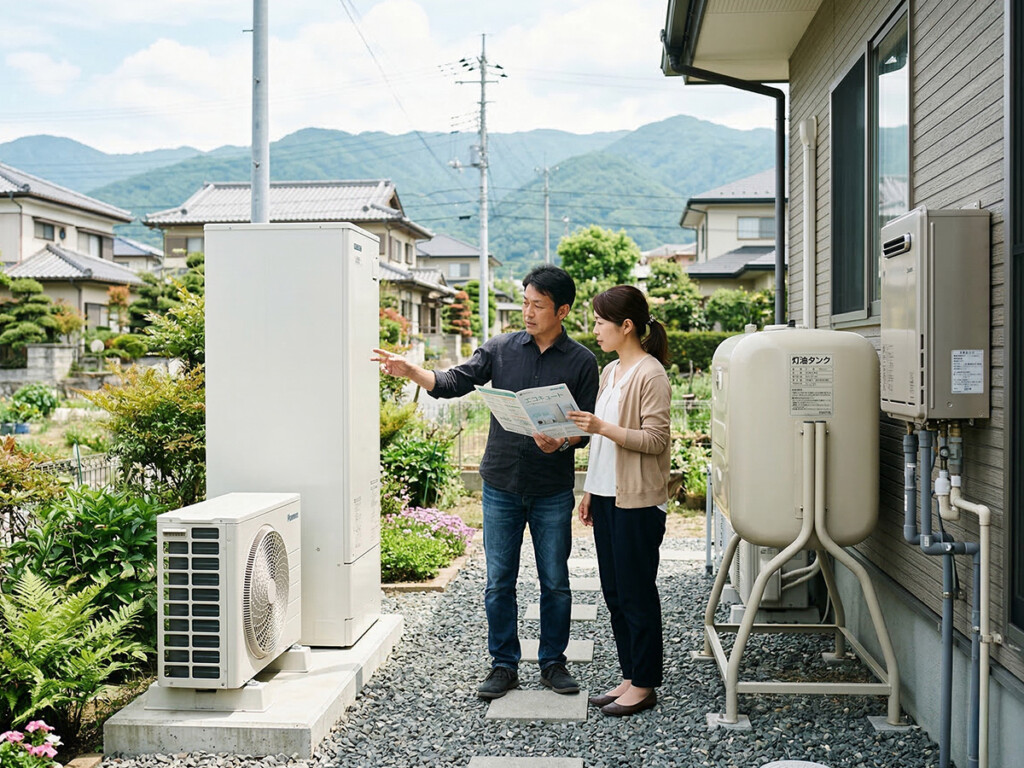住宅の屋外で給湯設備の違いを確認しているイメージ