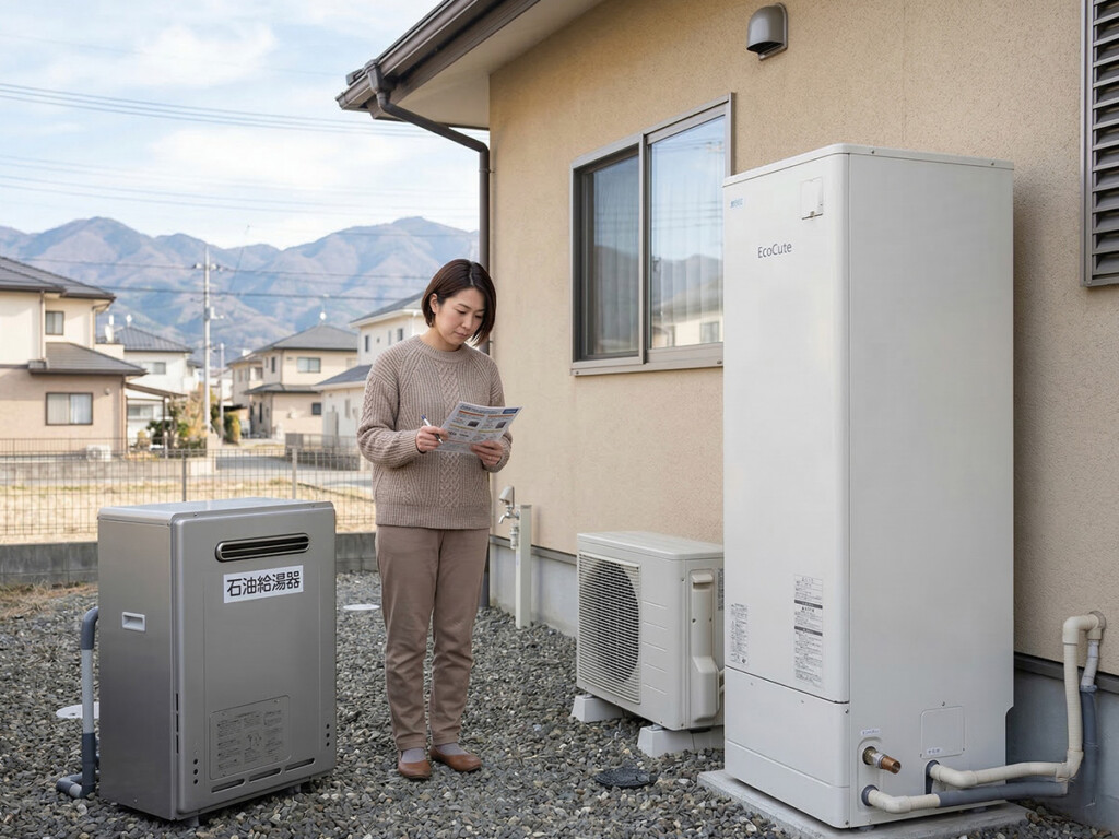 石油給湯器と灯油タンクを確認しながら比較しているイメージ
