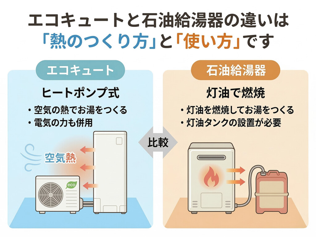 エコキュートと石油給湯器の熱のつくり方と使い方の違いを比較した図解イラスト
