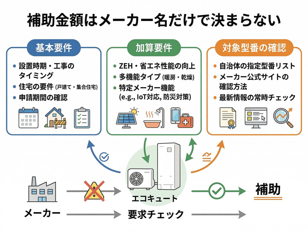 補助金額はメーカー名ではなく要件や対象型番で決まることを説明する図解