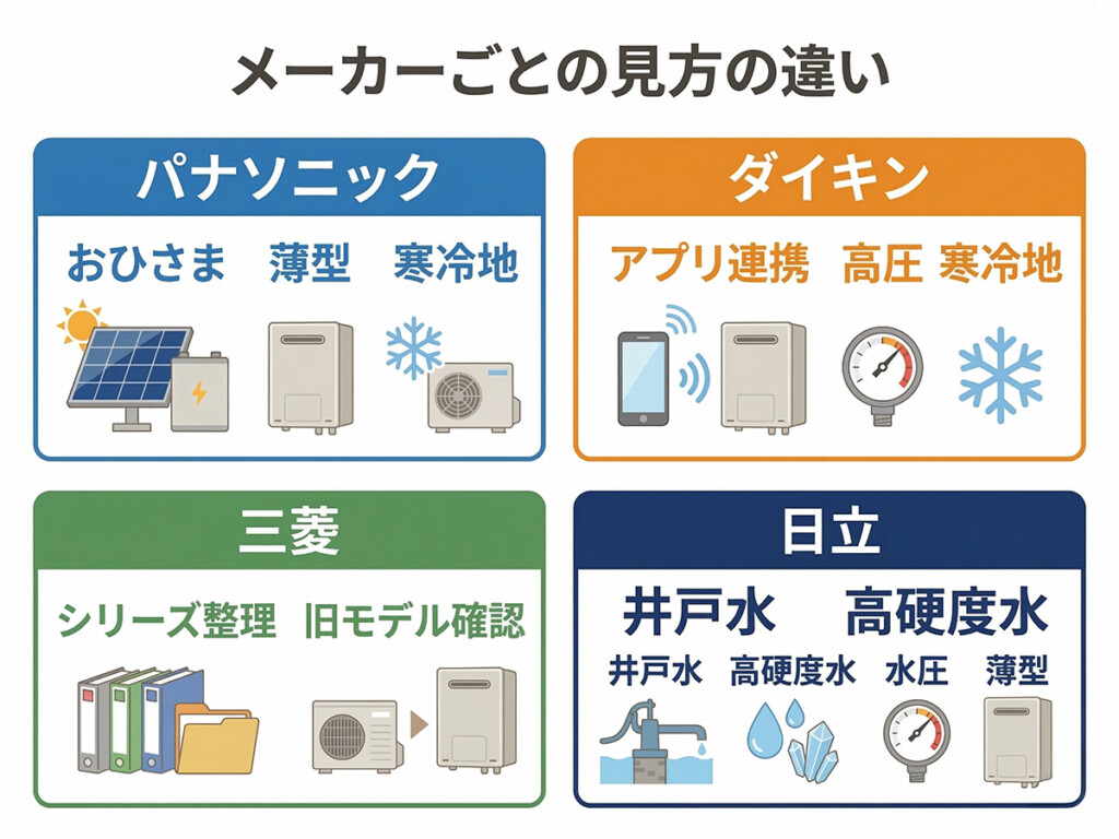 パナソニック・三菱・ダイキン・日立の補助対象機種の見方の違いをまとめた比較図